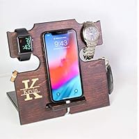 Wooden Docking Station for Men - Nightstand Organizer - Charges Phone and Holds Keys, Watch, Wallet, Glasses, ring, Perfect Gift with Varnish Finish MENS Christmas Gifts