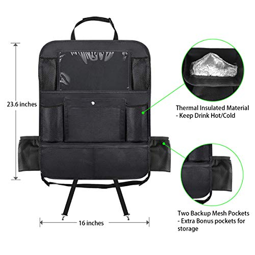 Car Backseat Organizer with 10’’ Touch Screen Tablet Holder Car Seat Back Protector 11 Storage Pockets Kick Mats Travel Accessories for Kids Toy Thermal Insulated Pockets Strong Buckle 2 Pack