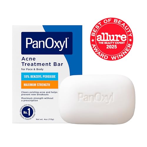 PanOxyl Acne Treatment Bar with 10% Benzoyl Peroxide, Maximum Strength Acne Bar for Face, Chest, and Back, Soap-Free Body Wash, Treats Acne Pimples, Whiteheads, Blackheads, pH Balanced, Vegan, 4 oz