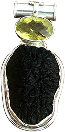 Moldovite Lemon Quartz Gemstone Pendant Silver Layered Minimal Jewelry # 13197