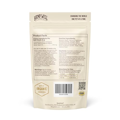HEMP WELL THRIVE CAT SOFT CHEWS – 60 COUNT, EVERYDAY SUPPLEMENT FOR OVERALL HEALTH, SUPPORTS HIP, JOINT, HEART HEALTH, ORGANICALLY SOURCED, OMEGA 3 FOR CATS, NATURAL CAT TREATS & SUPPLEMENTS