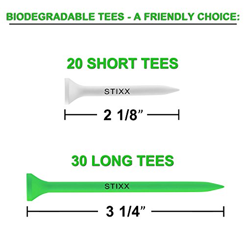 STIXX Biodegradable Golf Tees - Hard & Durable - 30 Green Long Tees - 3 1/4 and 20 White Short Tees - 2 1/8. Best for All Over Sized Drivers, Irons & Hybrids. Longer Drives & Lower Scores - Thumbnail 2
