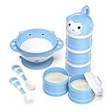 BabyKing Baby Feeding Set, Harmless & Cartoon, Baby Suction Bowl Set, Children Tableware Set, Suction Bowl, Spoons Forks Set, Milk Powder Dispensers for Baby's 3 Meals (Blue)
