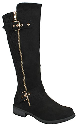 Mango23 Black Faux Suede Dual Gold Decorative Zipper/Buckle Quilted Motorcycle Riding Knee High Boots-8.5