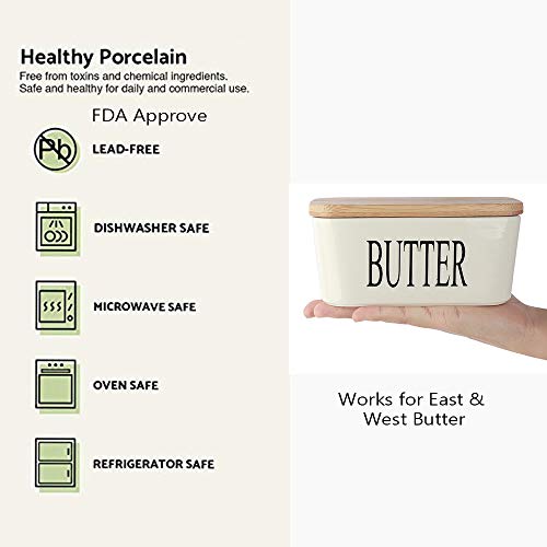 SZUAH Porcelain Butter Dish,Large Butter Keeper Container with Natural Bamboo Lid & Seal Ring(500ml).