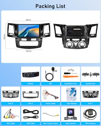 NHOPEEW 2G+64G Android Car Radio for Toyota Hilux 2005-2014 - Wireless Carplay & Android Auto - 9 Inch Android Stereo with WiFi EQ GPS Mirror Link FM RDS + AHD Camera & Mic