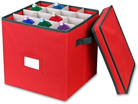 FamGo Christmas Ornament Storage Box with Lid - Adjustable Dividers - Holds up to 64 Round Ornaments - Holiday Storage- Red