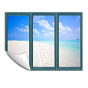 Wall Murals for Bedroom Fake Window Beach Blue Window Removable Wallpaper Peel and Stick Wall Stickers - 24x32 inches