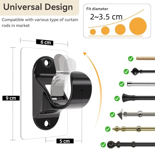 WEKIWGOT Curtain Rod Bracket, No Drilling, Strong Self Adhesive Fixing for Bathroom, Kitchen, Living Room, Dresser Bedroom (Black 6 Pieces)