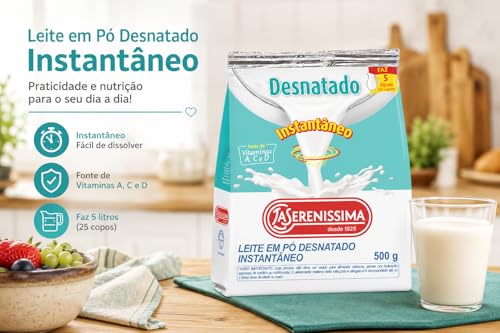 La Serenissima Leite em Pó Desnatado Instantâneo, 500g, 0% Gorduras, Fonte de Cálcio, Proteínas e Vitaminas