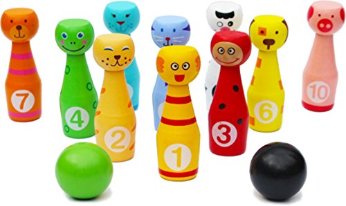 TOWO Wooden Skittles for Children - Wooden Skittle Set with Animal Faces and Numbers - Large 10 pin Bowling Set for Kids - Wooden Toys for 2 Year Old - Thumbnail 6