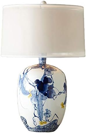 Chinese Blue Painted Pattern White Ceramic Bedside Lamp, Fabric Lampshade, Creative Ceramic Base Bedroom Table Lamp for Living Room Study Home Decoration Club, E27, Push Button Switch, 22