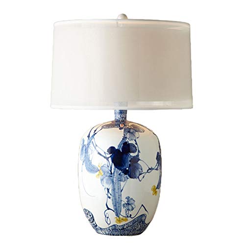 Chinese Blue Painted Pattern White Ceramic Bedside Lamp, Fabric Lampshade, Creative Ceramic Base Bedroom Table Lamp for Living Room Study Home Decoration Club, E27, Push Button Switch, 22