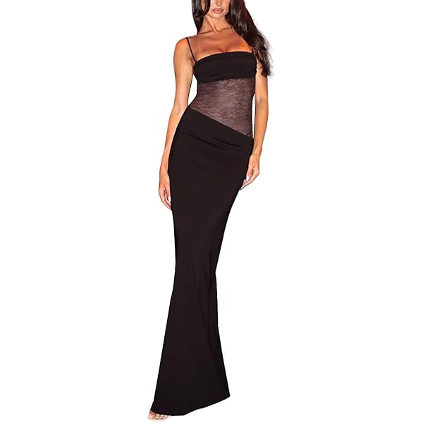 Amazon.com: Women's Sexy Lace Maxi Dress High Split Spaghetti Strap  Backless Wedding Guest Cocktail Formal Dresses,Black,S : Clothing, Shoes &  Jewelry