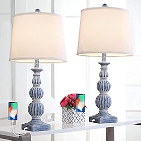 LOKHOM USB Table Lamp Set of 2, 26" Bedside Nightstand Lamp with Dual USB Ports, Antique Coastal Farmhouse Table Lamp for Bedroom Living Room Vintage Retro Rustic Resin Classic Blue Bedside Desk Lamps 41G0 FhDLBL. SS280