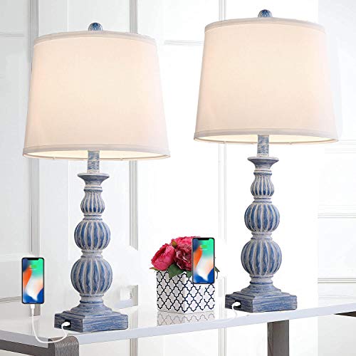 Traditional-Table-Lamp-Set-of-2-Farmhouse-Table-Lamps-with-Dual-USB-Ports-Drum-Shade-Rustic-Bedside-Nightstand-Lamps-for-Bedroom-Living-Room-26-2-Pack-Blue 41G0 FhDLBL