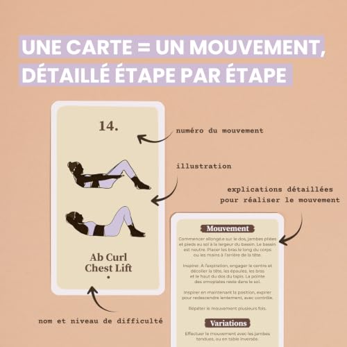yogAsana French Pilates Card Game - 80 Cards | 67 exercises, 10 sequences, beginner to advanced levels, practice at home, mobility, sheathing and tone