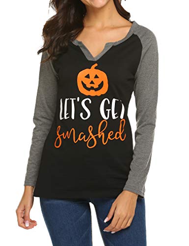 Locryz Women Funny Halloween Pumpkin Long Sleeve Raglan Baseball Fall Graphic Tee Tops Black Floral L