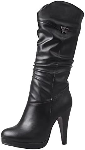AIYOUMEI Women's Round Toe Spike Stilettos High Heels Autumn Winter Mid-Calf Boots