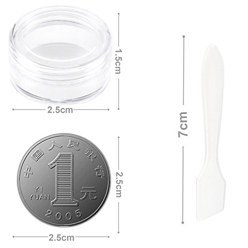 SumDirect 100Pcs 5Gram Empty Clear Plastic Cosmetic Containers Sample Packing Portable Travel Bottle Pot Jars for Cream and Lotion with a Snoop and 10Pcs White Sheer Organza Bags(Clear)