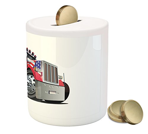 Truck Piggy Bank by Ambesonne, American Flag Themed Semi 18 Wheeler Patriotic Transportation Industrial Vehicle, Printed Ceramic Coin Bank Money Box for Cash Saving, Red White Blue