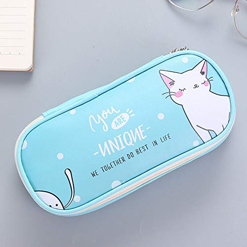 Supertool Three Layer Pencil Case Candy Color Pencil Case Makeup Pouch Cute Pu Leather Large Capacity Cat Blue Multi- Function Stationery (1Pcs)