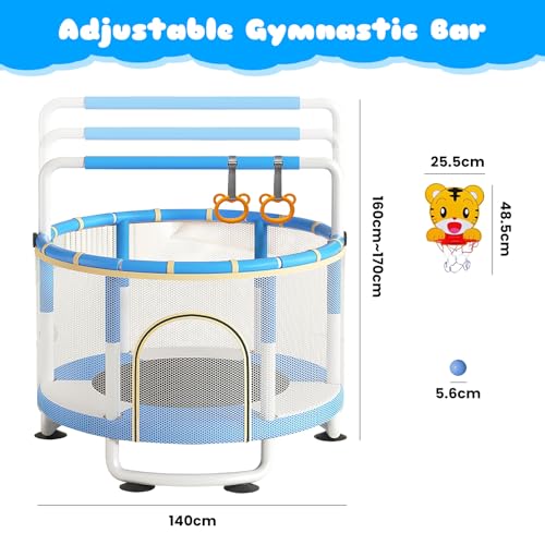 AM ANNA Kids Trampoline with Safety Net, 140 cm, 3-Height Adjustable Bar, Indoor/Outdoor, Multi-Toy Bundle