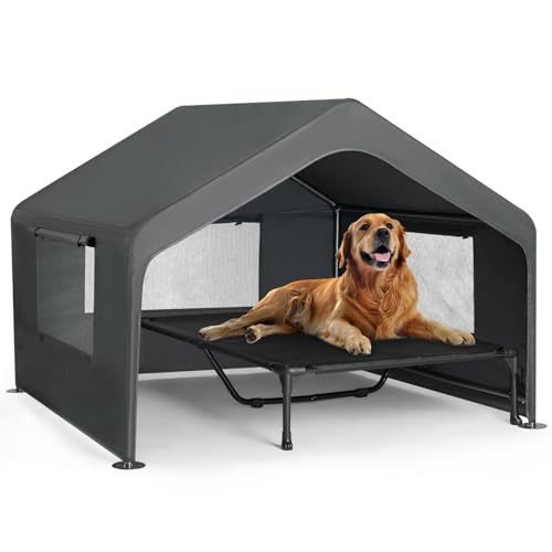 Veehoo Extra Large Dog House Outdoor with Elevated Dog Bed, Outside Dog Tent, Weatherproof Dog Shade Shelter and Raised Bed Combo for Pets or Stray Animals, Grey, 124L x 124W x 99H cm