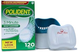 Polident 3 Minute Denture Cleaner 120 Tablets in Triplemint Bundle with Dentu-Care Denture Cleaning Cup Case With Lid Basket and Draining Basket for Cleaning and Storing