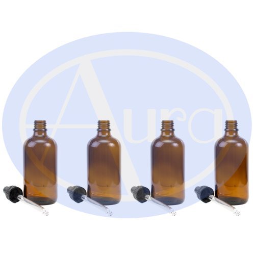 PACK of 4 - 100ml AMBER GLASS Bottles with GLASS Pipettes. Essential Oil / Aromatherapy Use