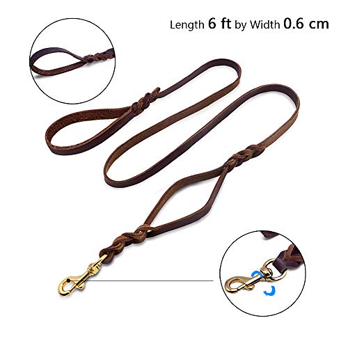 Wellbro Double handle Leather Dog Leash, 6 Foot Braided Dog Training Leash, Soft and Deluxe Pet Walking Lead with Copper Hook, For Safe Control of Medium/Large Dogs, Brown