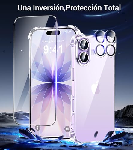 FLLAO 5 in 1 Case for iPhone 17 with 2 Screen Protector and 2 Camera Lens Protector, [Built-in Air Pad] Anti-Shock, Anti-Scratch Phone Case 6.3 Inches, Transparent