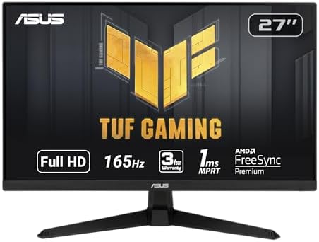 ASUS TUF Gaming 27" 1080P Monitor - Full HD, 165Hz (Supports 144Hz), 1ms, Extreme Low Motion Blur, FreeSync Premium, Shadow Boost, Eye Care, HDMI, DisplayPort, Tilt Adjustable - VG277Q1A,Black