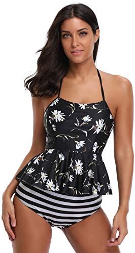 CHICIRIS Women's Halter Neck Strap Tankini Padded Printed Ruffle Peplum Backless Two Piece Bathing Suit