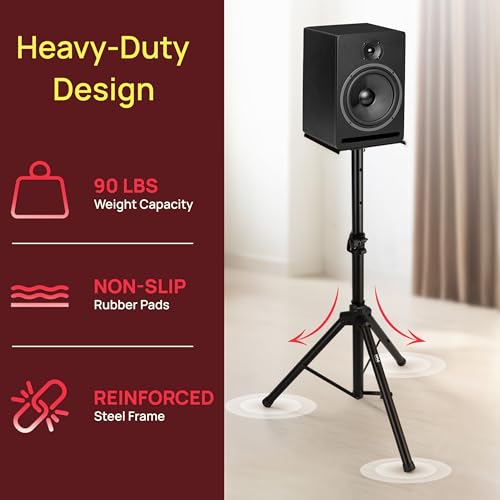 Pyle Par de Soportes para Altavoces, Base de Metal de Alta Resistencia con Trípode, Altura Ajustable de 86 cm a 134 cm, Capacidad de Carga de 40.8 kg, Ideal Altavoces Satelitales y de Estante