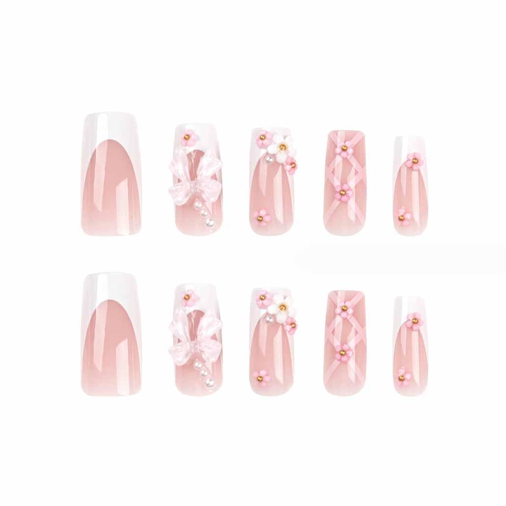Foccna Press on Nails Medium Long Rhinestone Pink Fake Nails Square Bling Glossy 3D Flower False Nail Tips Artificial Nails Finger Manicure for Women and Girls-24pcs - Image 4