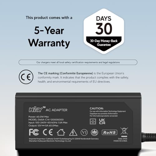 HKY 12V 5A Power Supply Power Supply Adapter Universal Charger 12v AC/DC 100-240v 50/60Hz 60W for LED Light Strips, LCD Monitors, TVs with 10 DC Plug Adapters