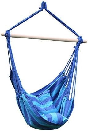 Apricis 34-Inch Hanging Hammock Chair Swing with Two Cushions, Blue Stripe