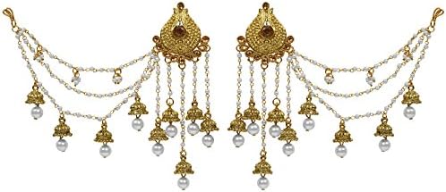 The Luxor Gold Plated White Pearls Classical Bahubali Heavy Long Chain Jhumka Earrings Set