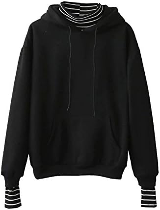 Roxacam Faomgo Sweatshirt Bts Hoodies Women New Striped Sleeve Fake 2Piece Tops Hooded Pullovers Winter Black L