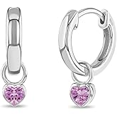 In Season Jewelry Simulated Birthstone Heart Charm Girls Hoop Earrings for Kids - 925 Sterling Silver Little Girl Hoop Earrings - Hypoallergenic & Comfortable with Secure Latch Closure