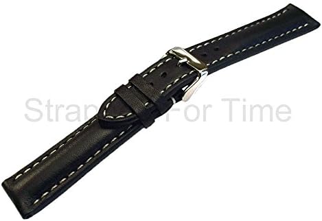 Strapped For Time 24mm Black Heavy Calfskin Leather Watch Band with White Stitch