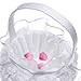 Kloud City 5 Inch White Embroidered Petal Wedding Flower Girl Basket with Satin Rose Bowknot Ceremony Party Decoration