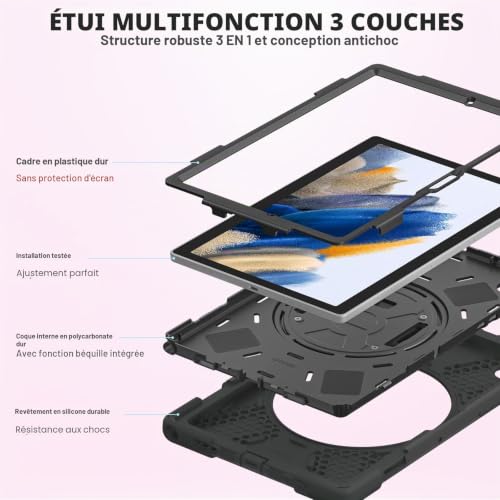Gerutek Shockproof Case for Samsung Galaxy Tab A8 10.5 Inch 2022, (SM-X200/SM-X205/SM-X207), Heavy Duty Armor Case with Rotating Stand, Hand Strap and Shoulder Strap, Cover for Samsung Tab A8 10.5-Inch, Black