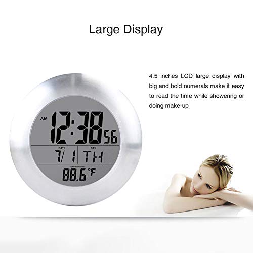 OCEST Digital Bathroom Shower Kitchen Wall Clock, Waterproof for Water Spray, Temperature Humidity Calendar 6.8 Inches Large Display Desk Clock with Suction Cup Hanging Hole Shelf Stand - White
