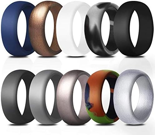 COOLOO Silicone Wedding Ring for Men, 10 Pack Affordable Silicone Rubber Wedding Bands Durable Comfortable Rings, Black White Blue Silver Gray