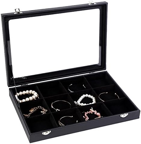 MyshineStyle Soaptree 24 Grid Velvet Jewelry Box Glass Lid Display Organizer With Clear Top and Lock (24 Grid Box Black)