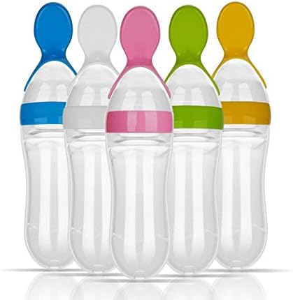 Gaodear Feeding Bottle Spoon Silicone Squeeze Style Rice Cereal Bottle 90ml Baby Food Dispensing Spoon Infant Newborn Toddler Food Supplement (Blue)