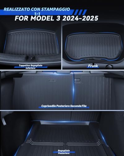 LANTU 8 Piece Mats for Tesla Model 3 2024-2026 TPE All Season 3D High Edge Non-Slip Waterproof Boot Mat and Back Cover Second Row of Accessories Seats