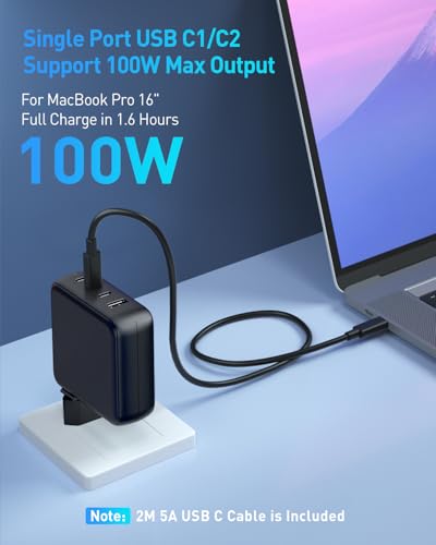 100W USB C Charger, 4 Port USB-C Fast Charger Block Plug Compatible with MacBook Pro/Air, iPad/Pro/Air/Mini, iPhone 16/15, Galaxy S24/S23 & Plus, PPS, 2m C to C Cable Included